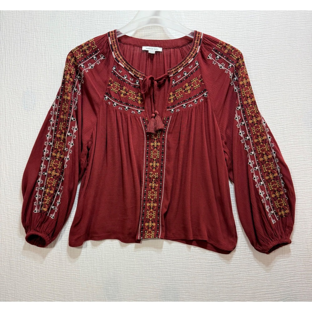 American Eagle Peasant Blouse Womens S Burgundy Embroidered‎ Boho Hippie Casual